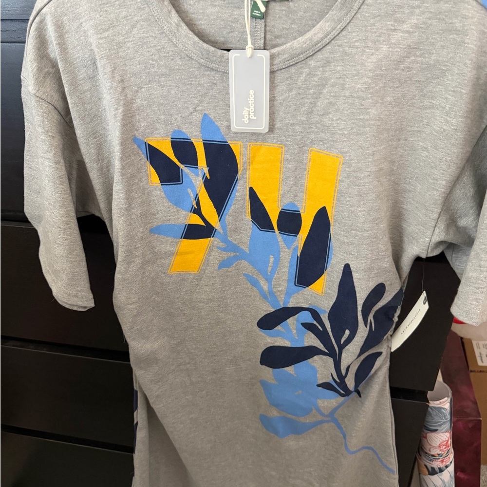 Anthropologie Gray Graphic Tshirt dress with Blue & Yellow Leaf Motif